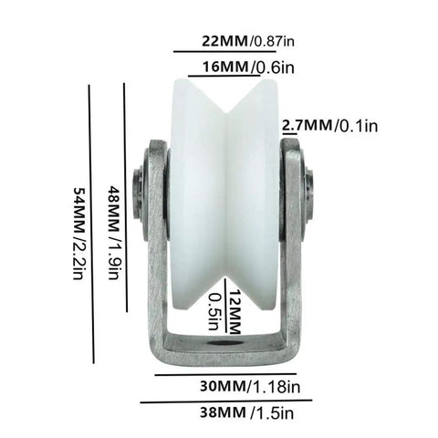 Rock-Solid V-Shape Nylon Roller Wheel With 304 Stainless Bracket And Dual Ball Bearings, 48mm pulley dimensions shown.