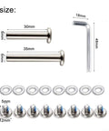 Hardware components for 50mm Luggage Replacement Wheels Set Of 4 For Suitcases, including 30mm and 35mm axles, screws, washers, and Allen key