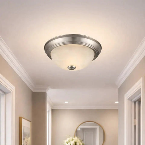 Hallway with Two Pack Flush Mount Ceiling Lights Satin Nickel With Alabaster Glass Dimmable Two Light Traditional Fixture 4.75H 11.25W