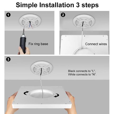 3-step installation guide for 2 Pack 12 Inch 24W LED Flush Mount Ceiling Light 5000K Daylight Square Flat Panel Fixture