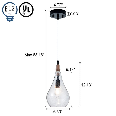 Cozy Farmhouse Seeded Glass Pendant Light With Wooden Teardrop Socket dimensions and adjustable height illustrated.