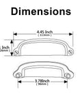Diagram of dimensions for 10 Pack Bin Cup Pulls Vintage Shell Handle Cabinet Hardware In Champagne Gold Finish, showing measurements.