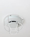Built Damn Tough Fire Sprinkler Head Protector Wire Cage Guard For Ceiling Mount Installations in white steel, mounted on ceiling.