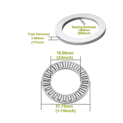 Four Sets Thrust Needle Roller Bearings With Washers, Three Quarter Inch Bore, One And One Quarter Inch Outer Diameter, dimension diagram