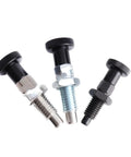 Built Tough Retractable Plunger Handle Spring Pins Featuring Dead Nuts Precision Indexing And Slick Self Resetting Action For Heavy Duty CNC Jigs Assembly Fixtures And Woodworking Projects, showing three steel retractable pins with different finishes.