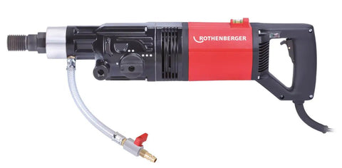 Heavy Duty Diamond Drill Motor With Three Speed Gearbox Tough As Nails For Wet And Dry Core Drilling, side view showcasing hose attachment.
