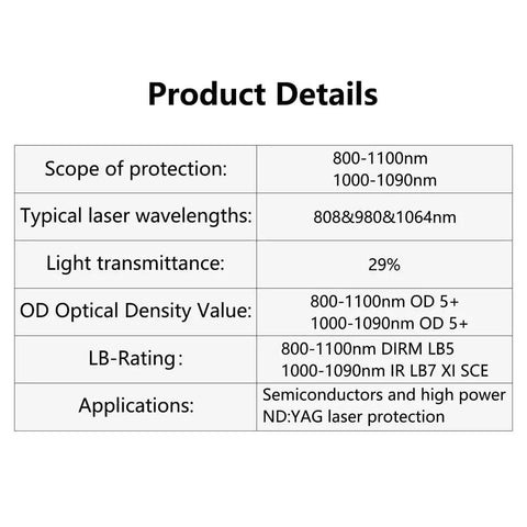 Product details for Big Deal Ipl Laser Safety Glasses With Od7 Plus Lens For Spa Owners And Laser Pros Offering Killer Eye Shielding from 800 to 1100 nm.