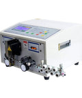 Automatic Cable Wire Cutting Stripping Machine High Speed Computerized Wire Processor With 100 Memory Programs For Pvc Teflon And Silicone Insulation side view with controls and cable feeder.