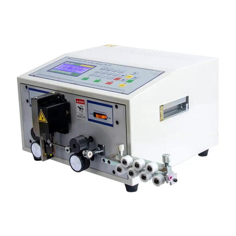 Automatic Cable Wire Cutting Stripping Machine High Speed Computerized Wire Processor With 100 Memory Programs For Pvc Teflon And Silicone Insulation side view with controls and cable feeder.
