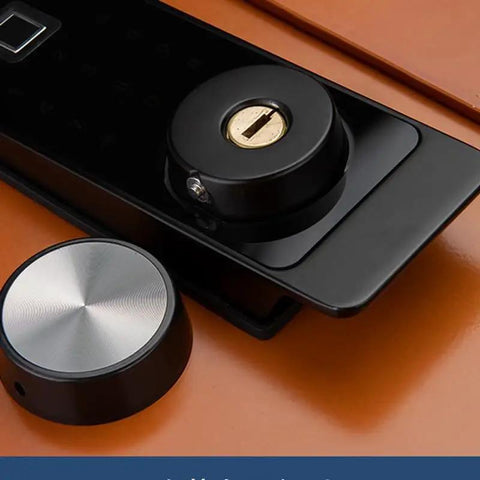 Close-up of Grit Tough Smart Door Lock With Zero Drama Fingerprint Scan And Weatherproof Build, showing keypad and keyhole.