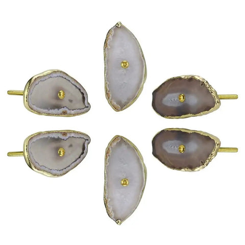 Top Tier Natural Agate Stone Cabinet Drawer Knobs With Gold Plated Edges And Textured Surfaces, six unique agate drawer pulls.
