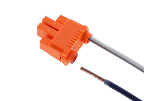 Orange Two Wire Lighting Disconnect Plug 150 Pack With Push In Wire Locking Tech For Fast Safe Ballast Wiring On Your Fixtures And Easy Field Service Today, showing single plug with exposed wire.