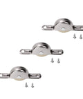 Heavy Duty Single Wheel Pulley For Sliding Doors And Windows Rock Solid Stainless Steel Replacement Roller With Slick Glide Hassle Free Track Hardware 5 Pack Gold Silver Tone, three pulleys with mounting screws.