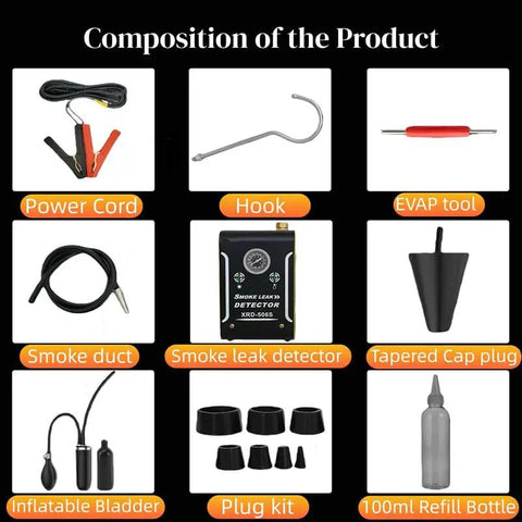 Bad Boy Car AC Leak Detector Smoke Machine With Built In Air Pump And Sharp Pressure Gauge components: power cord, hook, EVAP tool, smoke duct, plug kit, inflatable bladder.