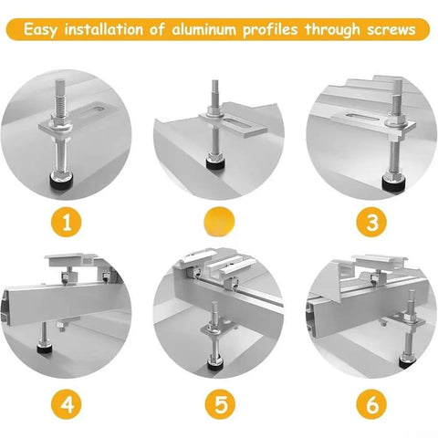 Rock Solid Solar Panel Mounting Fastener Kit With Durable 304 Stainless Steel Wood Screws and Support Plates for No Fuss Roof Installations and PV Racking Systems Rust Proof Four Piece Kit installation steps with screws and aluminum profiles