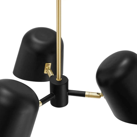 Close-up of Briana 3 Light Pendant Ceiling Light In Black Finish showing metal shades and brass details.