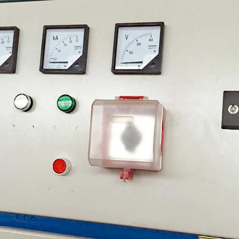 Slick Transparent Push Start Button Cover Hella Sturdy Electrical Shield For Emergency Stop Switches With Quick Swap Base mounted on control panel.