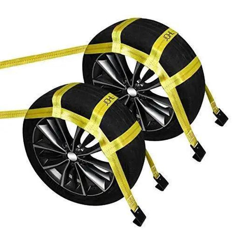 Super Tough Tow Dolly Basket Wheel Straps Lock Down Your Ride Like A Boss For 15 To 19 In Tires Beefy 10000 Pound Working Capacity Heavy Duty Nylon Car Transport Setup, featuring two tires secured with yellow straps.