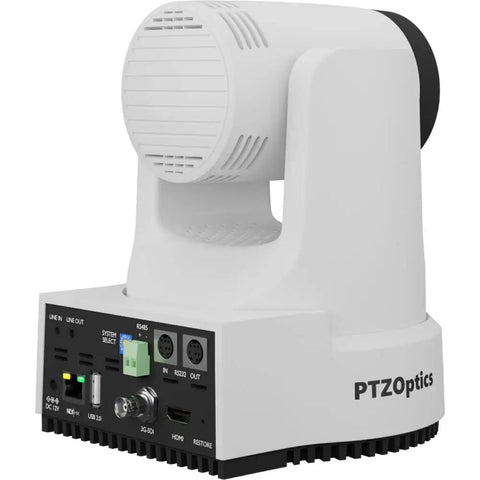 Straight Fire Bundle Featuring Five 4K PTZ Cameras With 20x Optical Zoom And SDI HDMI USB IP Support Plus One Smooth Joystick Controller And Five White Wall Mounts For Streamers, showing detailed camera back with ports.