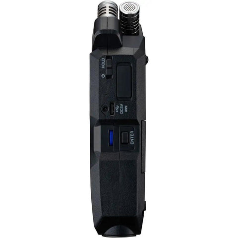 Side view of Black Four Track Portable Recorder With 32 Bit Float Audio, Stereo XY Mics, Two XLR TRS Combo Inputs, USB Interface