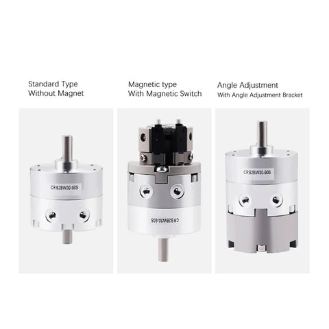 Single Vane Pneumatic Rotary Actuator With Beefy Air Cylinder Build For Smooth Swinging Action Quick Bolt Industrial Mounting And Broad Sweep Angle Adjustment Range shown in three variations.