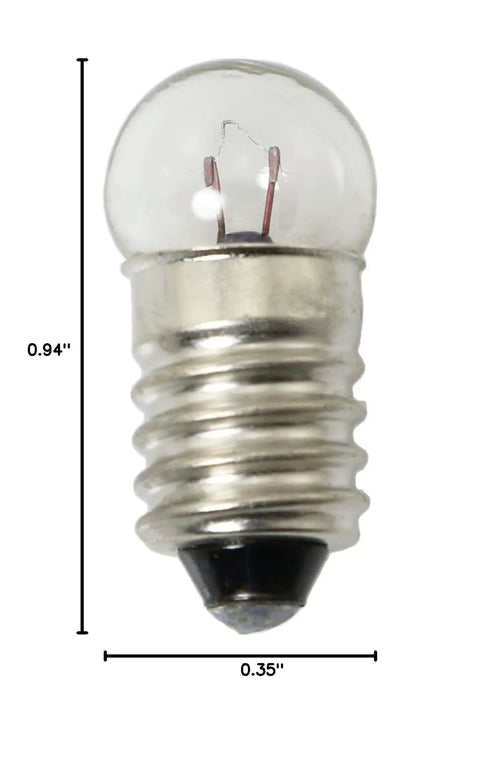20 Pack E10 Mini Screw Base Light Bulbs 1.5V 0.3A DC Warm White for Circuits and DIY Projects, close-up with dimensions