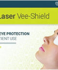 Game Changing Disposable Laser Eye Shields Dead Simple Pressure Sensitive Fit One Size Fits All Pro Level Patient Protection With Wide Spectrum Coverage Clinics Swear By These Tough Shield Packets 24 Pairs Per Box Medical Grade Gear packaging showing a model using eye shield.