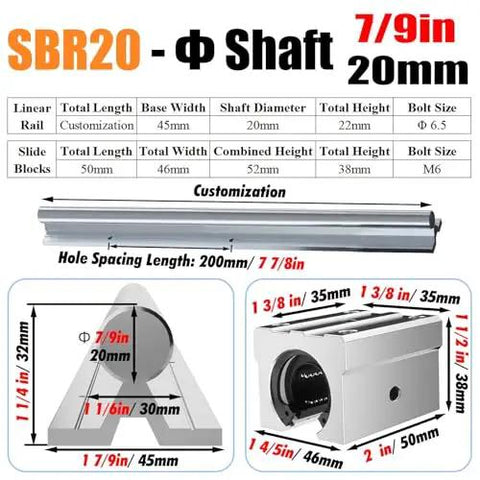 Premium Badass Rock Solid Linear Rail Slide Guide For Woodworking And CNC Cutting Rigs 1000Mm Chrome Plated Carbon Steel Bearing Block 2200 Lb Heavy Duty Smooth Glide Zero Wobble Design with dimensions and specifications.