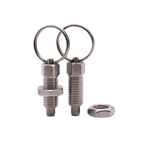 Built Tough Premium Galvanized Steel Spring Plunger Pin With Knurled Pull Ring For Smooth Rotary Indexing And Adjustable Depth Locking Grip Screw Heavy Duty Shopside Hardware M16 By 10mm 1 Pcs with two pins and a nut.