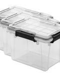 Three Pack 19 Quart Clear Plastic Storage Containers Featuring Bulletproof IP68 Waterproof Rating with secured lids stacked.