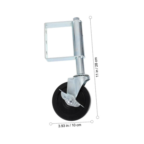Heavy Duty Spring Gate Caster For Fences That Glides Real Smooth Over Rough Concrete Dirt And Gravel Like A Dream While Crushing Up To Two Hundred Pounds Without Breaking A Sweat, showing 11 inch height and 3.93 inch wheel.