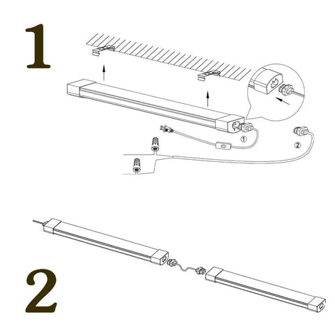 Installation diagram for Two Pack Linkable LED Shop Lights 2ft And 4ft Waterproof Tubes 5000K Under Cabinet Lighting 18W Each Bright 1800 Lumens.