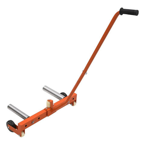 Built Tough Heavy Duty Tire Dolly With Adjustable Base And Glide Rollers, 350 Lb Capacity For Cars And Trucks, side view with handle and rollers.