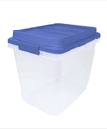 Kick Ass 32 Quart Clear Plastic Stackable Storage Bins With Blue Latching Lids, side view showcasing lid and clear body.