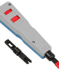 Impact Punch Down Tool With Enlarged Blade Storage for 110/66 Blades shown with twist lock blade, gray and red design