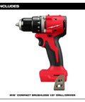 Rugged Brushless Compact Cordless Drill Driver Delivers Serious Kick Rock Solid Metal Construction And Maximum Torque For Tight Worksite Grinds Sold As Bare Tool, featuring a red and black design with a 1/2 inch chuck.