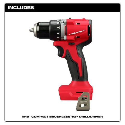 Rugged Brushless Compact Cordless Drill Driver Delivers Serious Kick Rock Solid Metal Construction And Maximum Torque For Tight Worksite Grinds Sold As Bare Tool, featuring a red and black design with a 1/2 inch chuck.