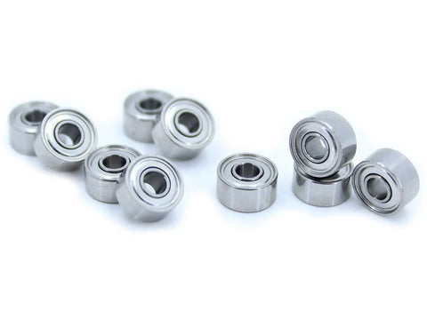 Total Game Changer 693ZZ Ball Bearings ABEC-7 Precision 3x8x4mm for brushless motors in a pack of 10, shown from different angles.
