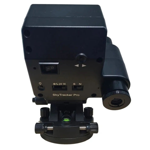 SkyTracker Pro Camera Mount With Polar Scope For Astrophotography on black base, automatic RA tracking controls visible