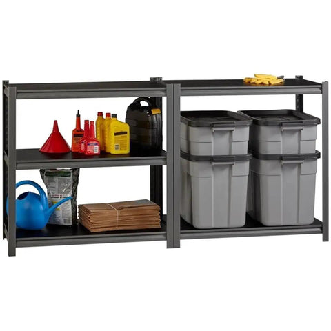 Bulletproof 3200 Lb Riveted Metal Shelving Unit 72 X 36 X 18 Inches with various storage items and gray bins.