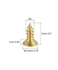 Top Shelf Brass Wood Screws M2x5mm 100 Pack Phillips Flat Head showing detailed measurements and gold finish for DIY projects.