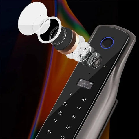 Slick Top Tier Smart Door Lock With Hella Secure Fingerprint Scanner showing internal components and biometric sensor details.