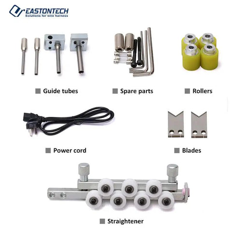 Auto Wire Stripper And Cutter With Crisp Touchscreen Display Heavy Duty Cable Prep Machine For Pvc Teflon And Silicone parts and accessories including guide tubes, rollers, and blades.