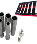 Heavy Duty Chrome Vanadium Socket Head Set With Three Eighth Inch Drive Extra Long 120mm Reach Six Piece Metric Sockets displayed