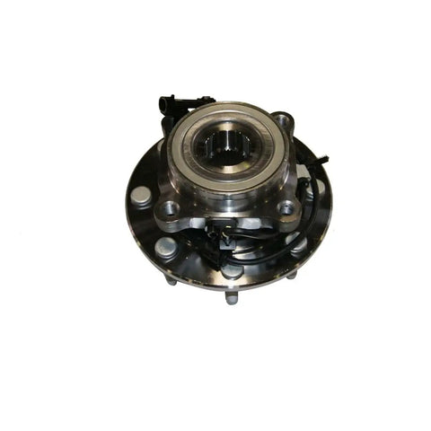 Bulletproof Front Wheel Bearing And Hub Assembly Set Straight Up Heavy Duty Build For Chevy Silverado Gmc Sierra 3500 And Hummer H2 2003 2004 2005 2006 2007 top view of steel hub assembly with attached wiring