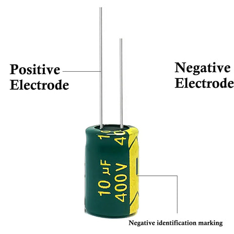 Top Shelf 10 Pack Of 400 Volt 22 Microfarad Aluminum Electrolytic Capacitors, showing positive and negative electrodes.