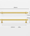 Killer Solid Brass Cabinet Pull 266mm Double Hole Style With Bombproof Gold Plating For Wardrobes And Drawers, showing dimensions.