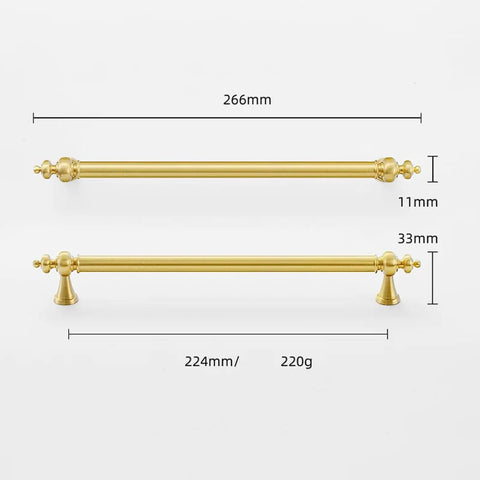 Killer Solid Brass Cabinet Pull 266mm Double Hole Style With Bombproof Gold Plating For Wardrobes And Drawers, showing dimensions.