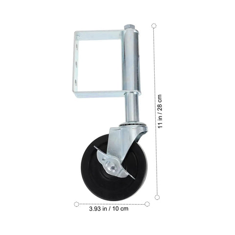 Heavy Duty Spring Loaded Gate Caster Wheel For Fences And Gates Smooth Rolling All Terrain Roller showing 11 in height and 3.93 in diameter.