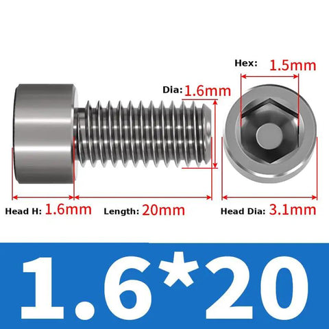 Rock Solid TC4 Titanium Cup Head Hex Socket Screws M1.6 Metric Fasteners showing dimensions 1.6mm diameter and 20mm length.